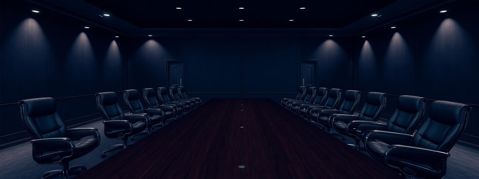 Sala de conselho com cadeiras executivas ao redor de uma mesa longa